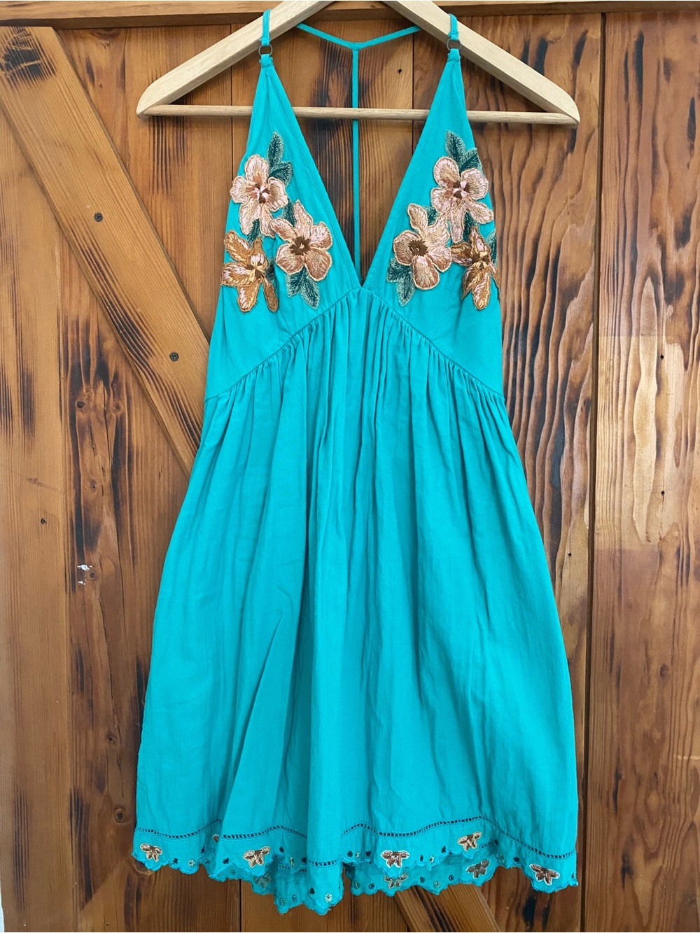 Free People Turquoise Floral Embroidered Halter Mini Dress